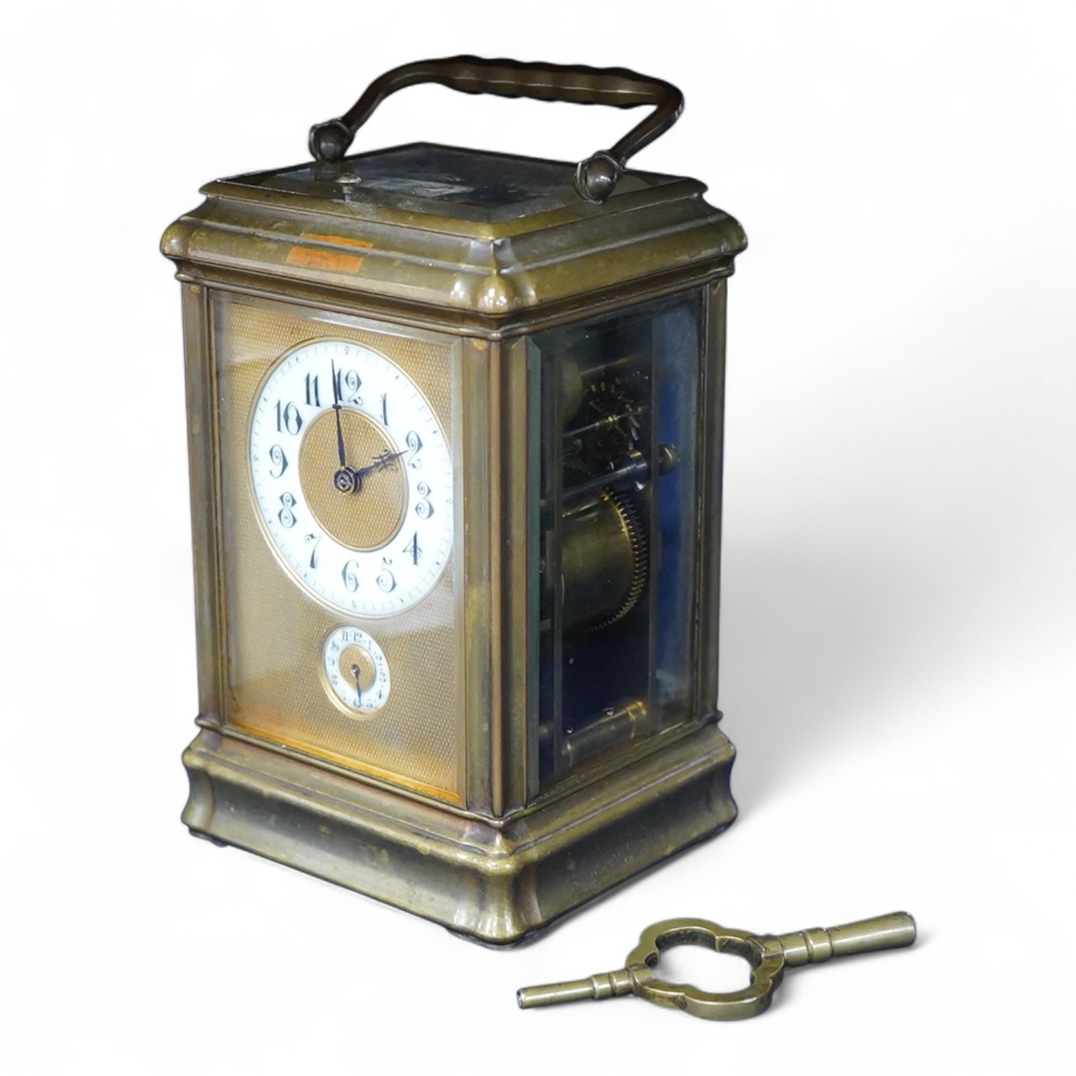 An early 20th century A. Margaine brass gorge-cased Grande Sonnerie carriage clock with alarm and repeat, by with key, 18cm high
